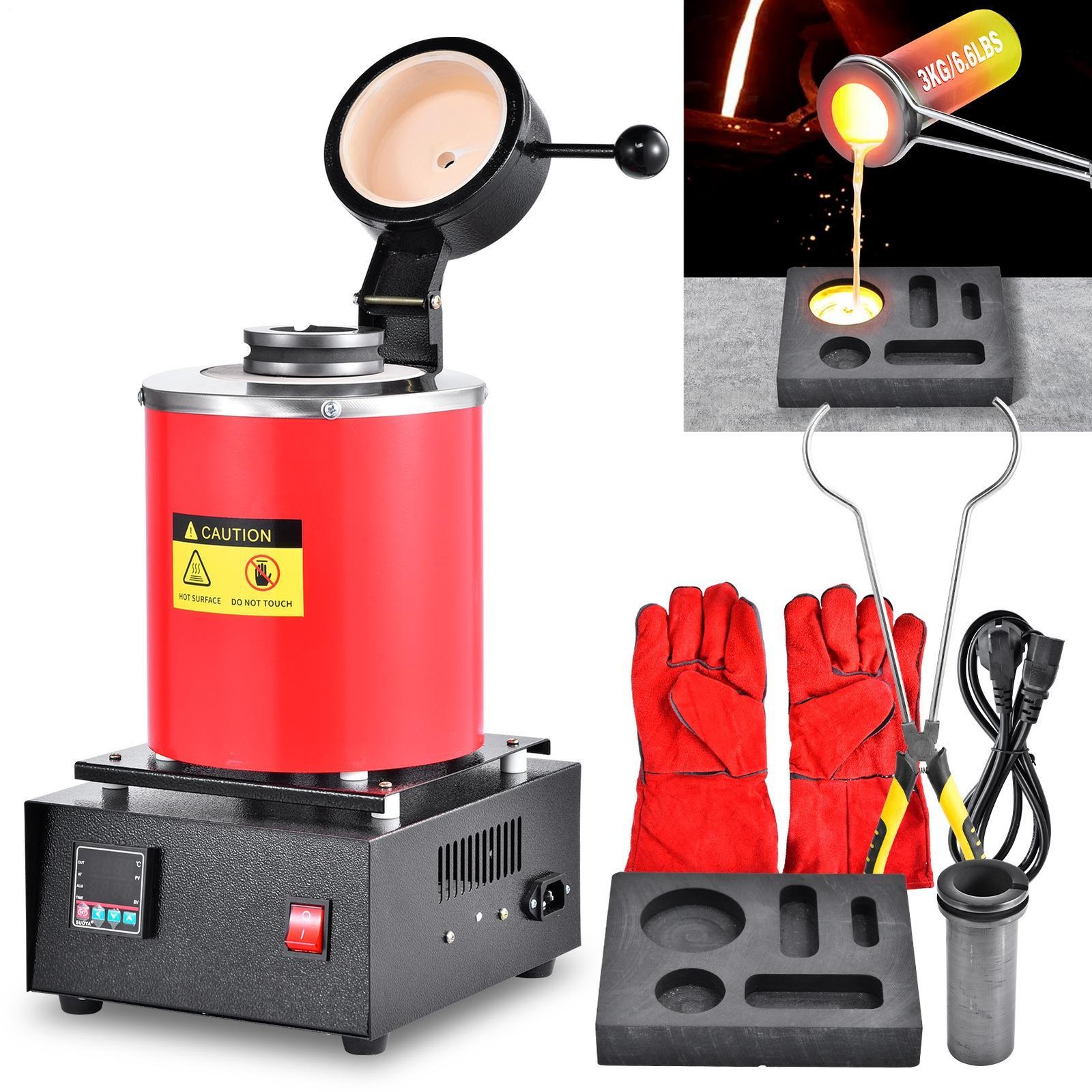 1500W Electric Gold Melting Furnace Digital Smelting Furnace W/3KG Crucibles
