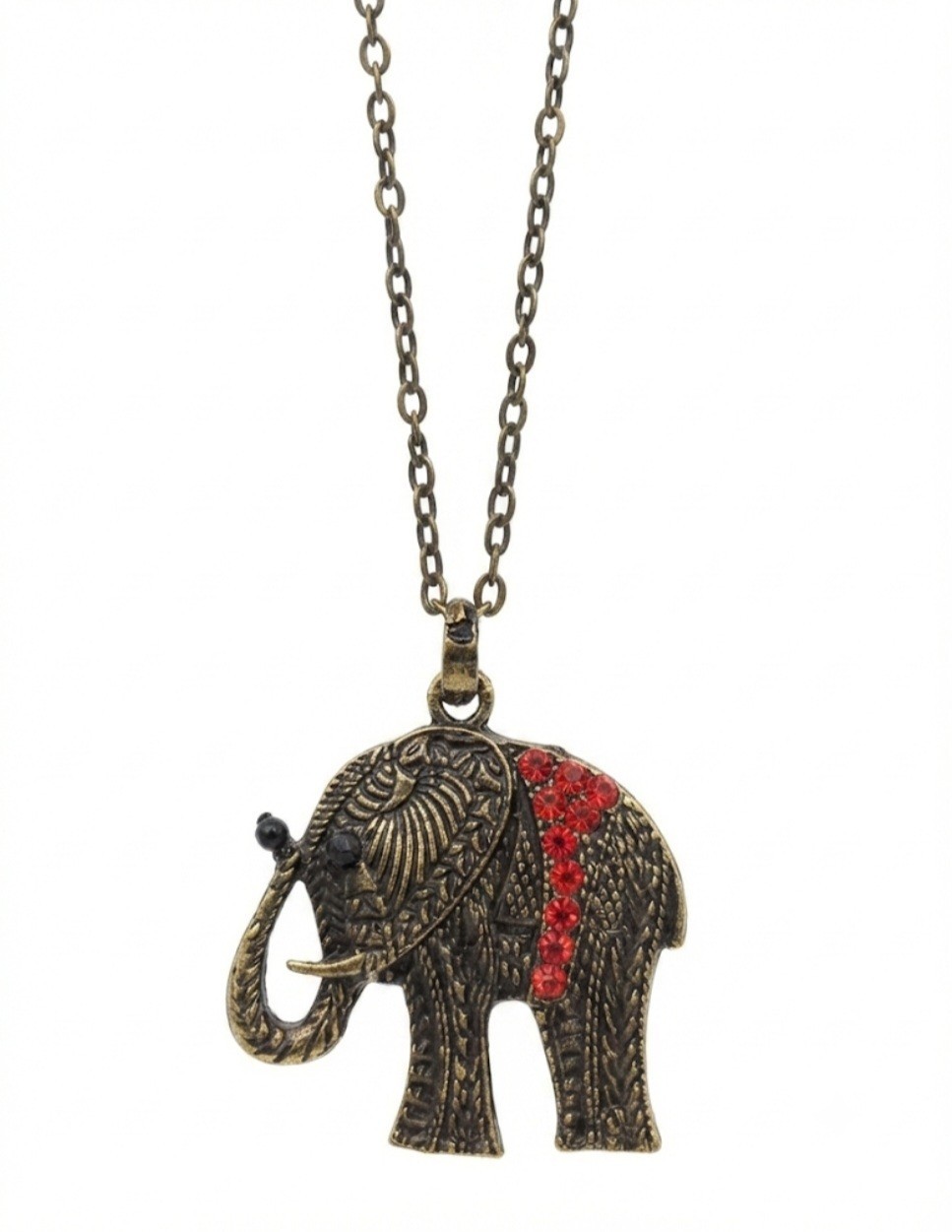 Elephant Necklace & Ring Jewelry Set, Red Rhinestone, Silver Tone, Animals