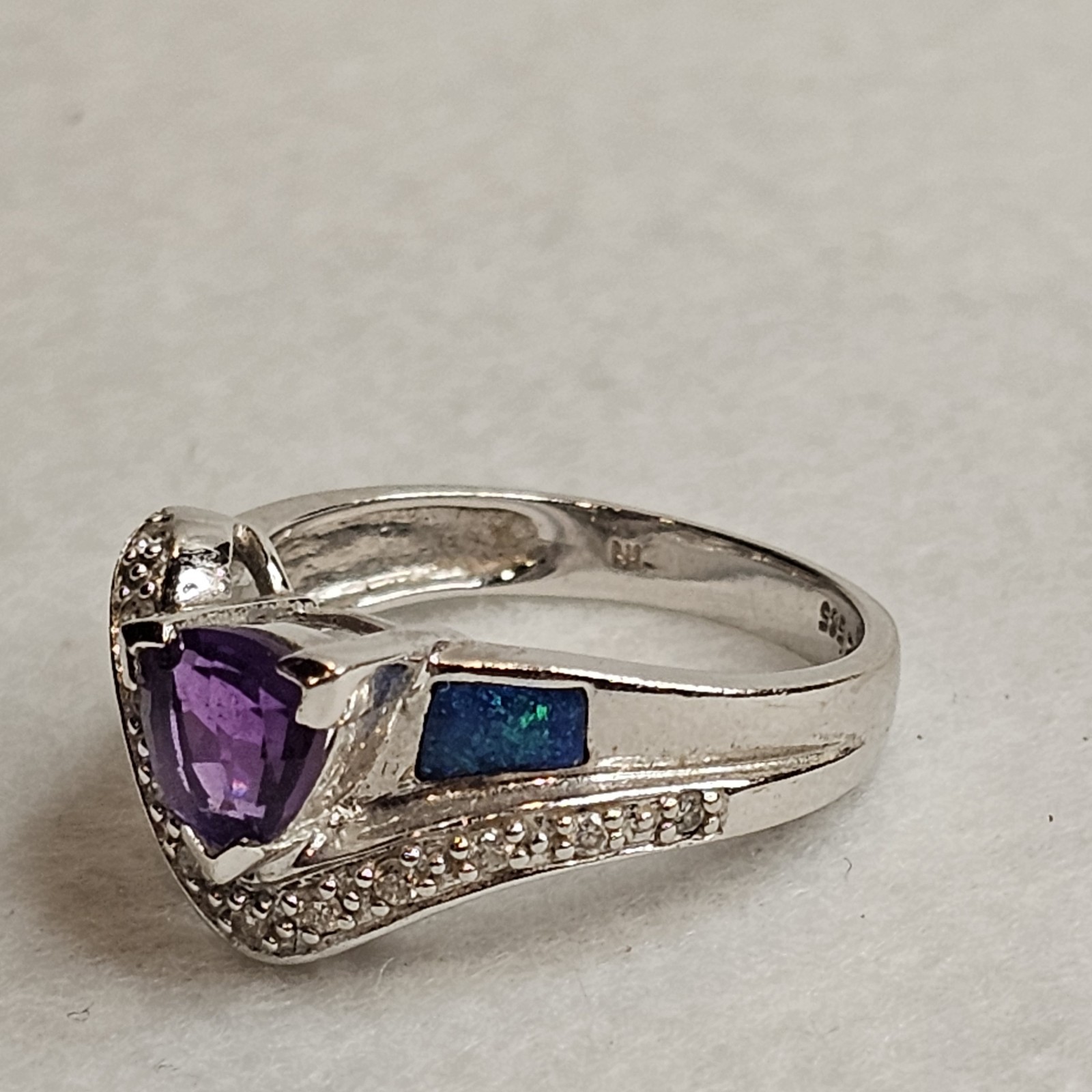 14K White Gold Amethyst Diamond Opal Inlay Ring Designer Style Estate Sz 6.25