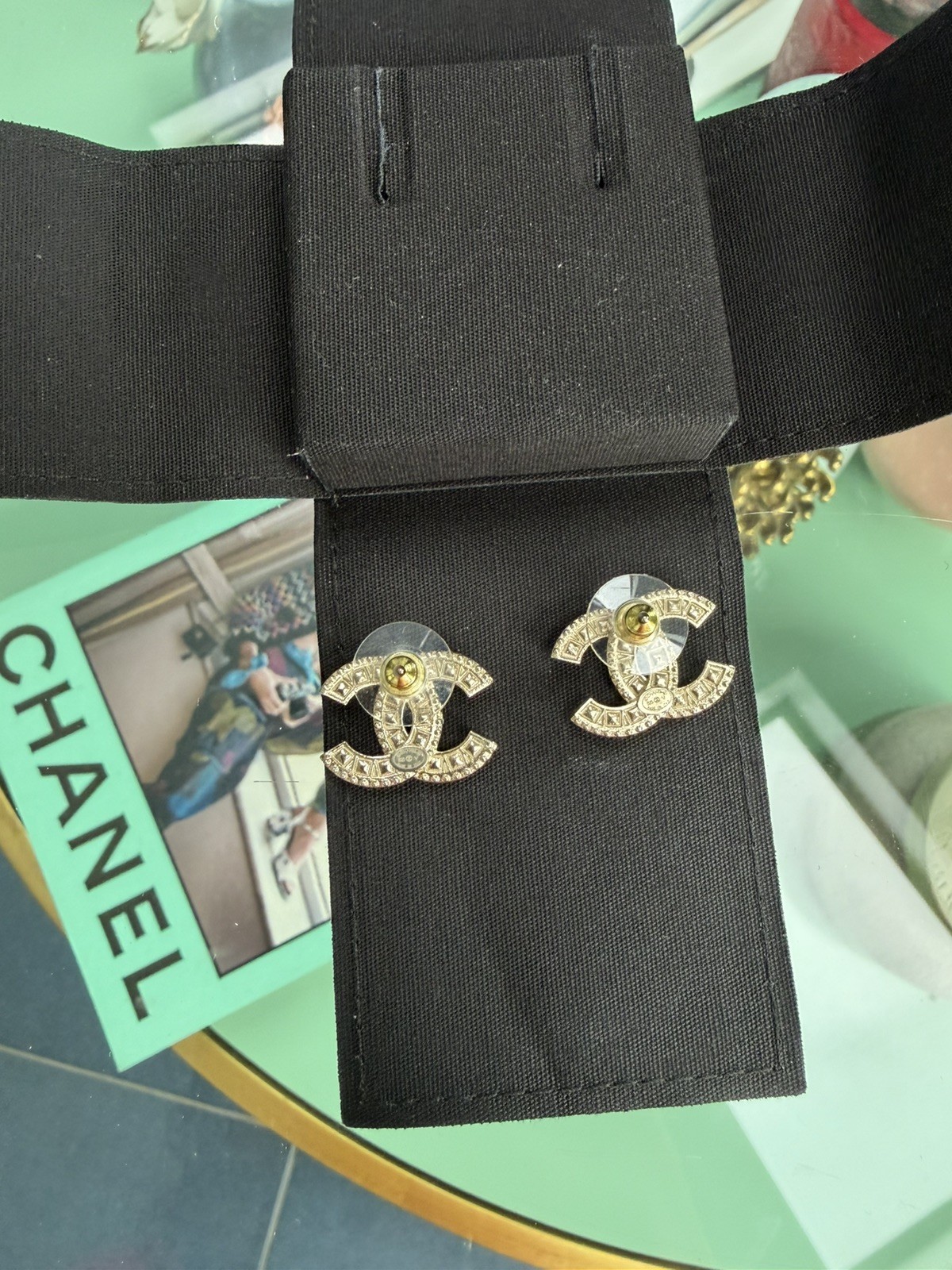 Chanel REV Transparent Crystal CC Logo Classic Statement Stud Earrings New