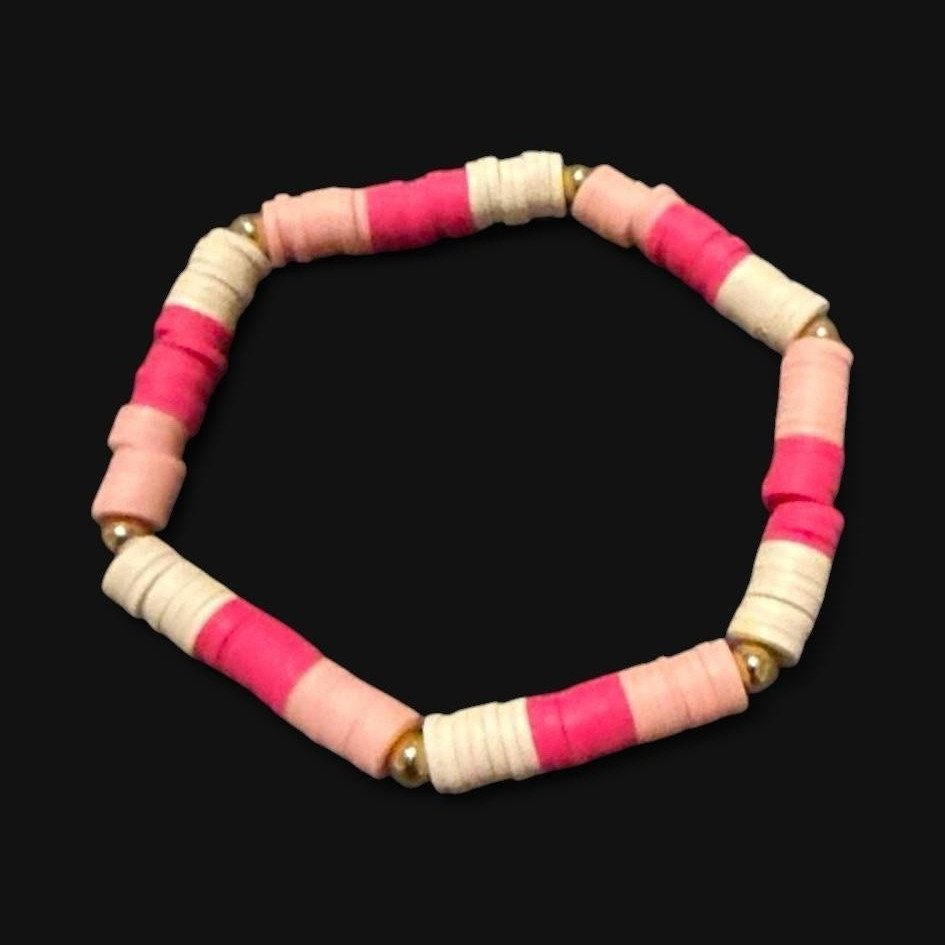 Pink White Gold Beaded Bracelet Stretch Adjustable Stackable Magnetic Beach