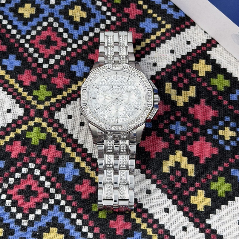Bulova Men Crystal Octava 98C134 Silver White Dial Diamond Quartz Watch 41.5mm