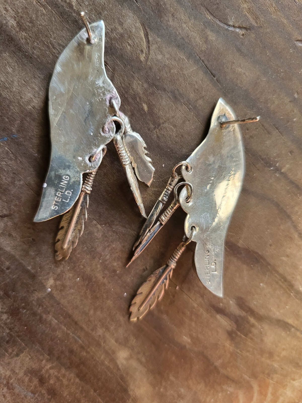 Navajo LD Lowell Draper Sterling Silver Black Turquoise Dangle Earrings Feathers