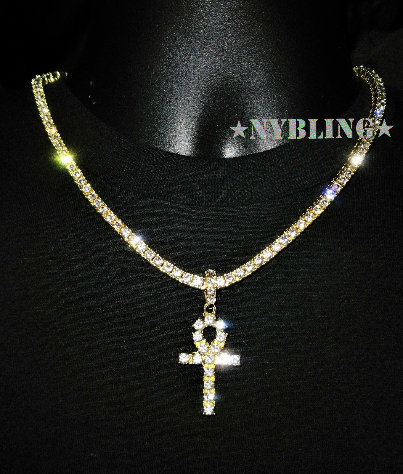 Hip Hop Gold Plated Tennis Chain ANKH Pendant Choker ICED Necklace CZ Jewelry