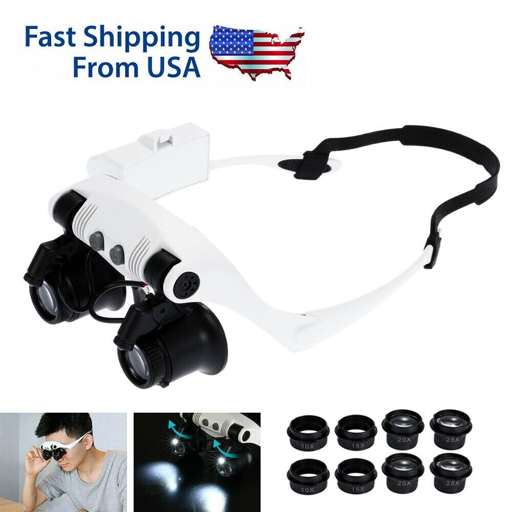 Headband Headset Jeweler Magnifier Magnifying Glass Loupe Glasses W/ LED Light