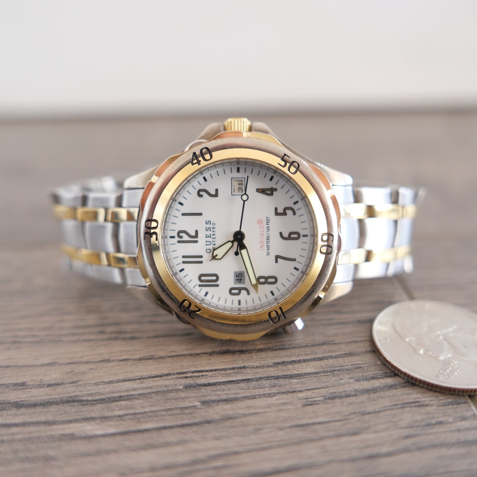 Guess Waterpro Indiglo Watch Date Display 50M 165 Feet two Tone !!!