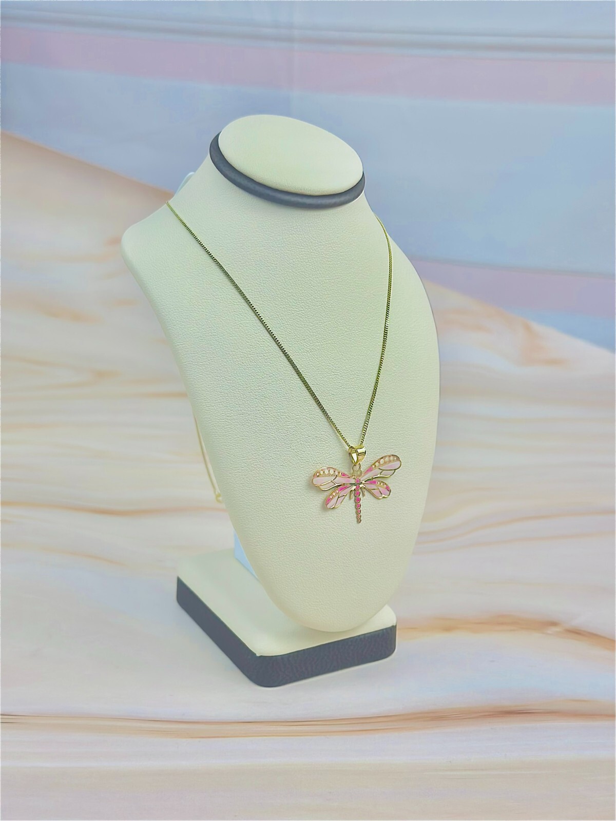 14K Solid Gold Pink Dragonfly Pendant Insect, Animal Necklace Hand-Painted Italy