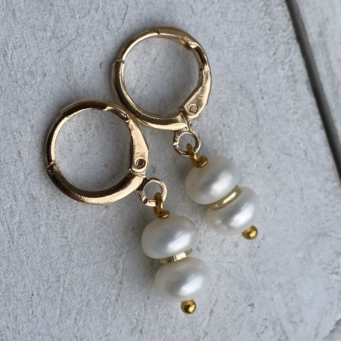 Min Favorit Genuine White Button Pearls & Gold Pl Artisan Drop Earrings