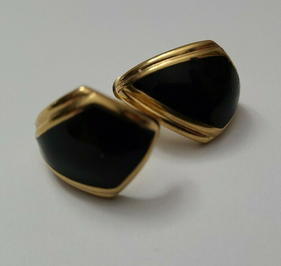 Monet Gold Tone And Black Enamel Kite Shaped Earrings 1″ x .75″ Dressy Classy