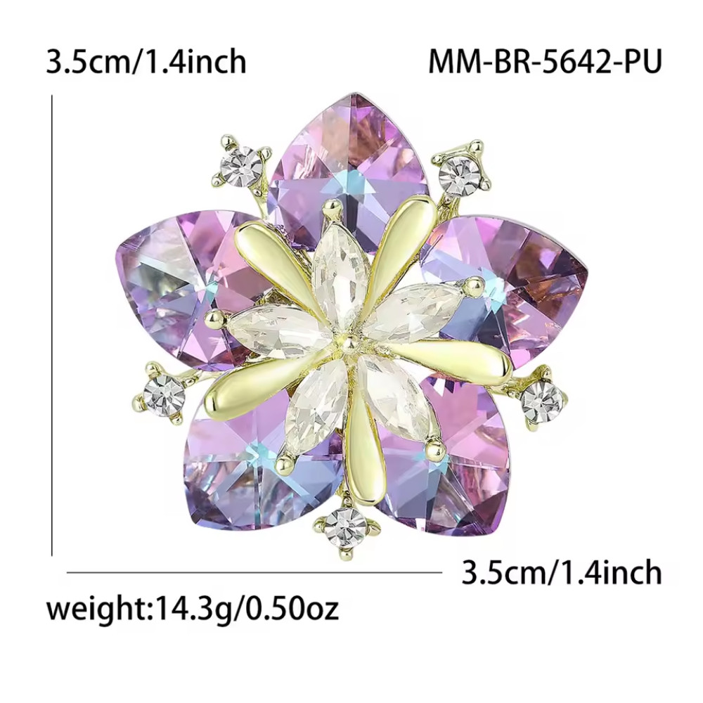 Purple Crystal Flower Brooch Gold Tone Pin Rhinestone Plant Summer Jewelry Gift