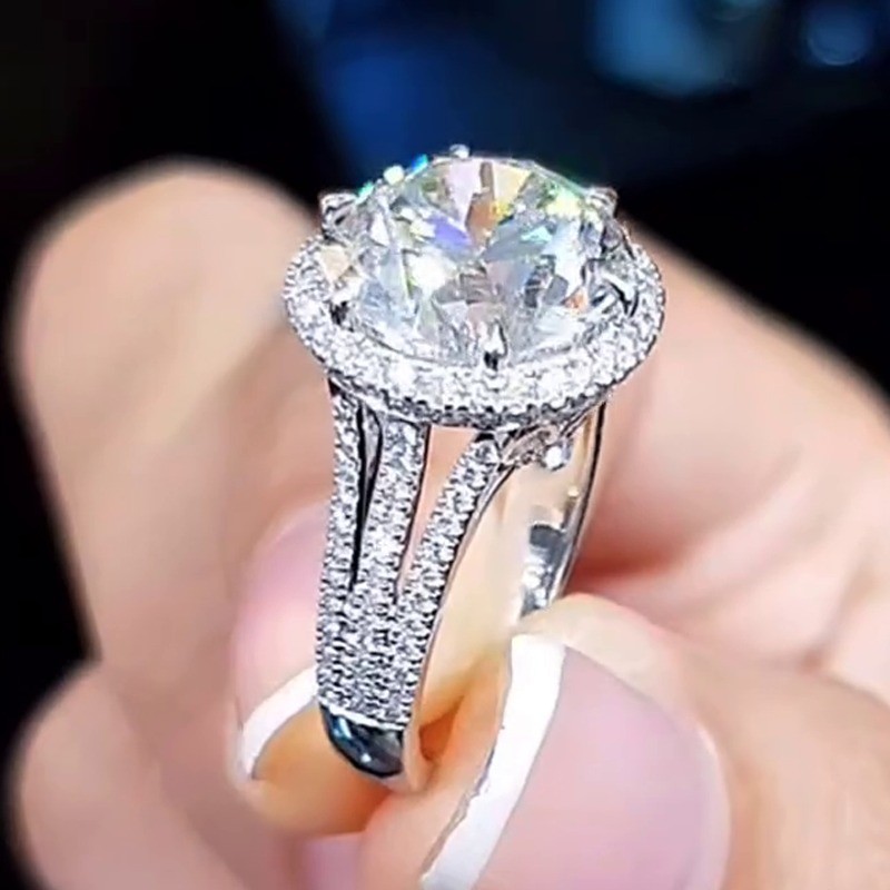 4.2TCW Round Cut Moissanite Three Row Halo Engagement Ring 14K White Gold Plated