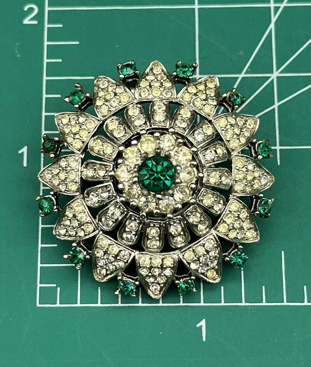 Vintage R.Mandle w/Crown Dome Brooch With Emerald Green and Clear Rhinestones