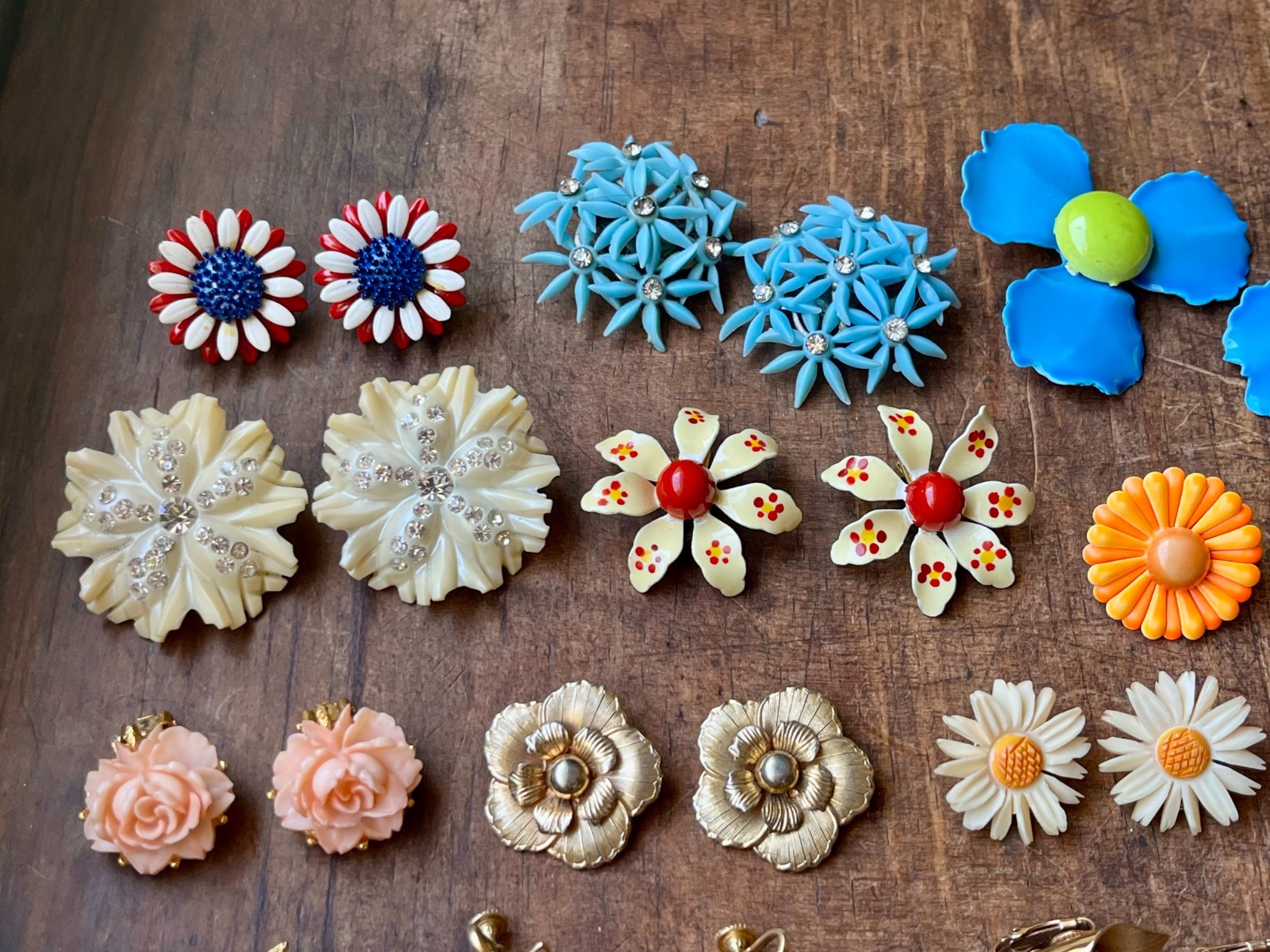Huge Vintage Flower Earring Pairs Lot Enamel Rhinestone Coro Avon W Germany Etc.