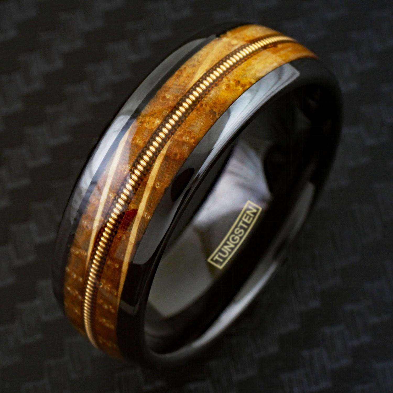 8mm Black Tungsten Whiskey Barrel Wood w/ Guitar String Men’s Wedding Band Ring