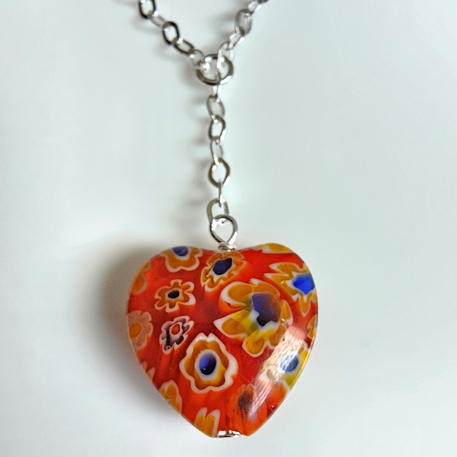 Adjustable 9″ 925 Silver Chain Hearts Millefiori Thailand Glass Beads Necklace