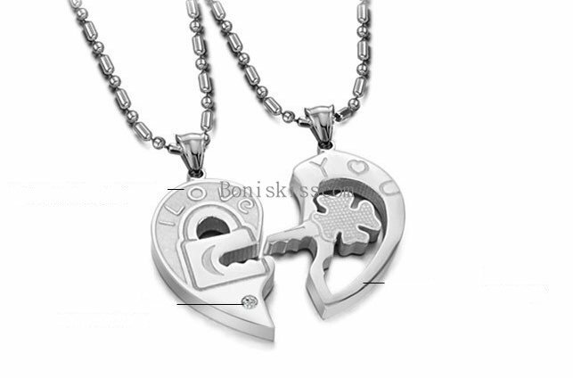 His and Hers Stainless Steel I Love You Heart Lock & Key Couple Pendant Necklace