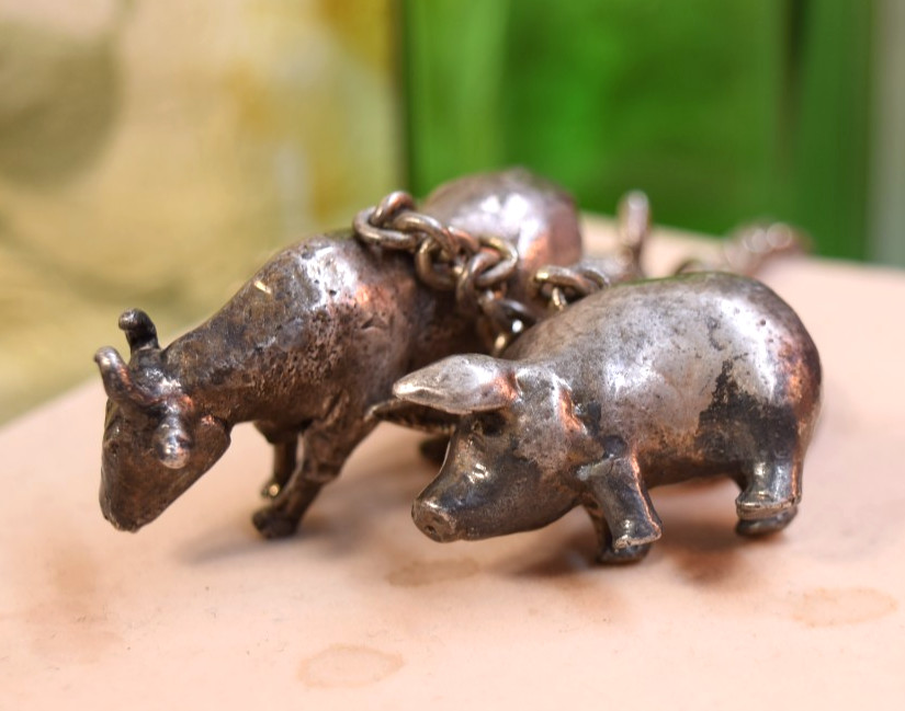 Susan Cummings Sterling Farm Animal Big Charm Pendant Necklace Cow Pig Goat 30″