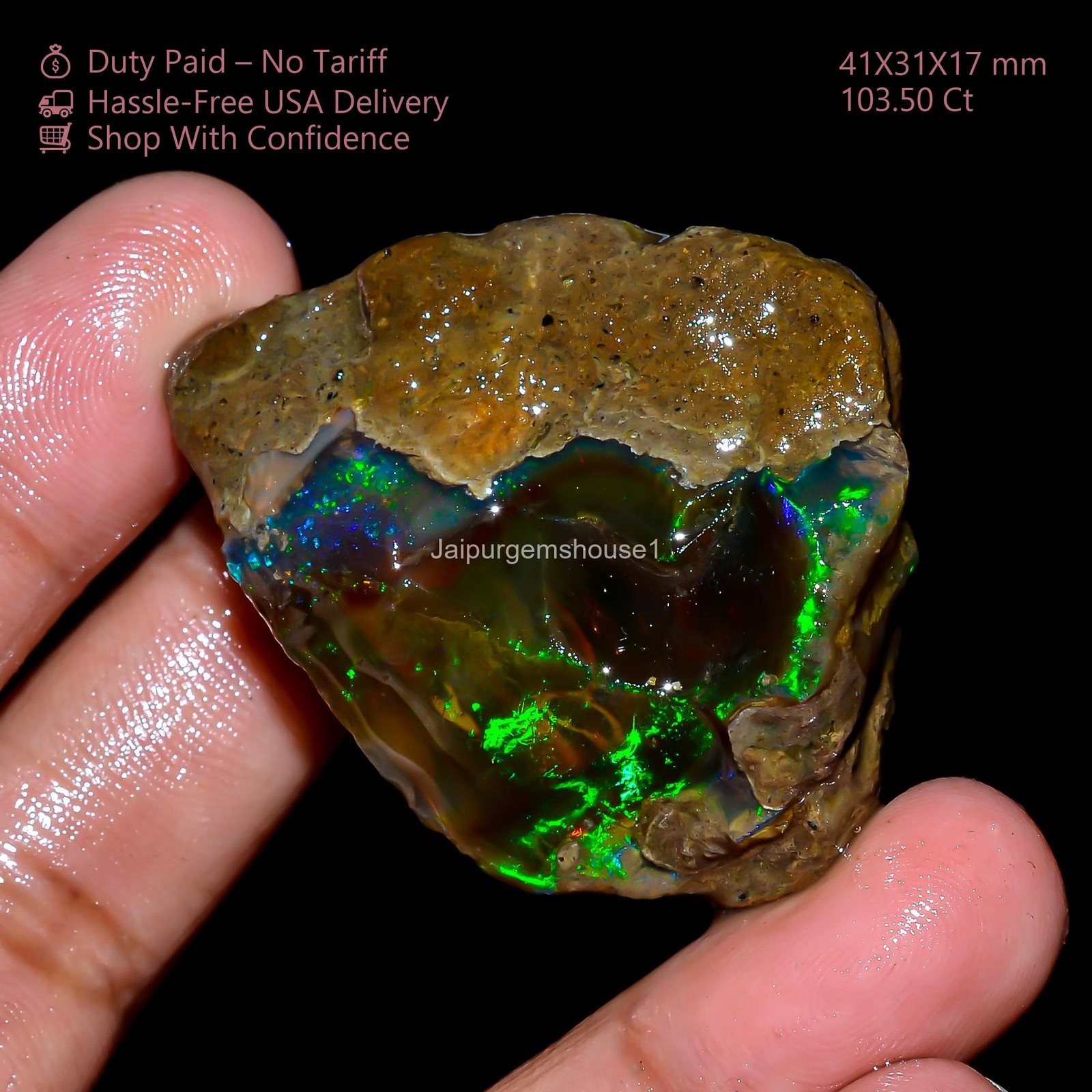 Multi Fire Ethiopian Opal Rough Gemstone Crystal Opal Raw (103.5Ct, 41X31X17 mm)
