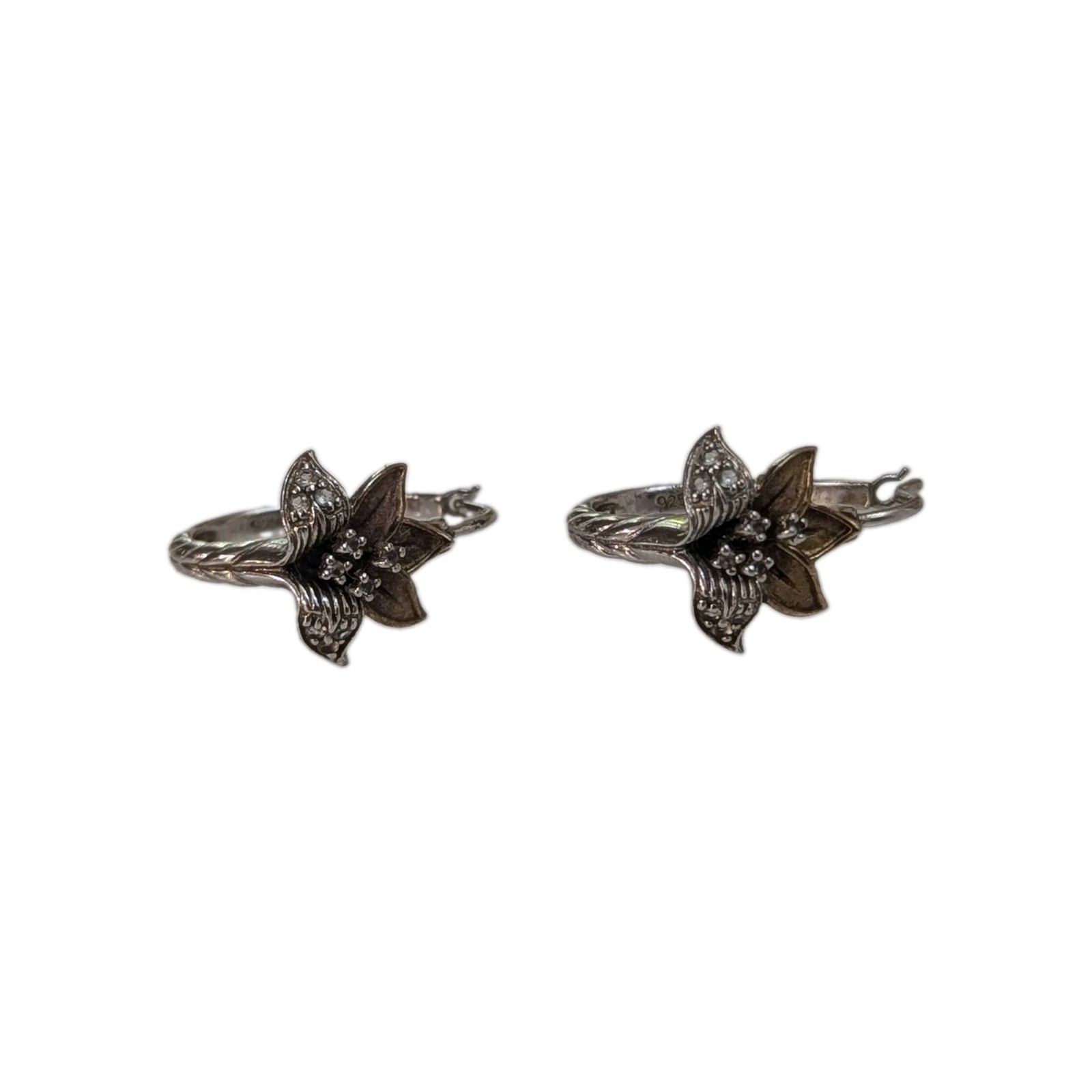 Vintage C&C Sterling Silver White Sapphire Lily Flower Huggie Earrings Pair
