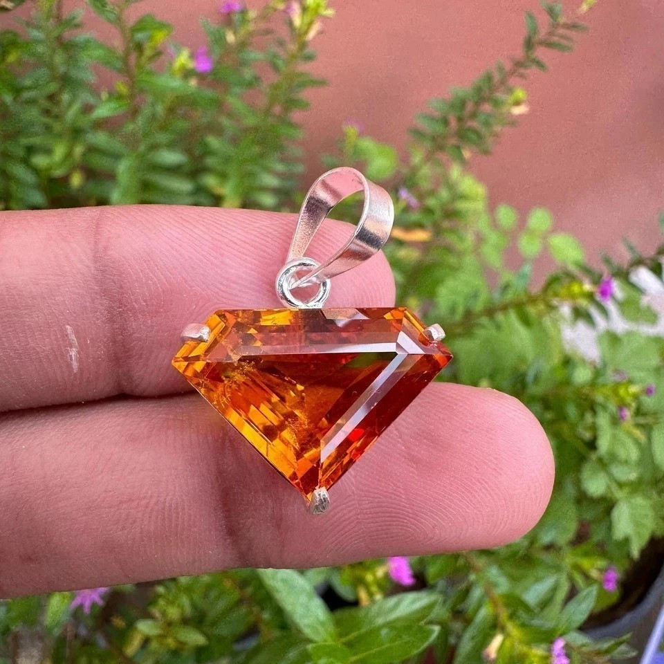 22 Ct Natural Orange Sapphire Fancy Cut 925 Solid Silver Pendant Gemstone