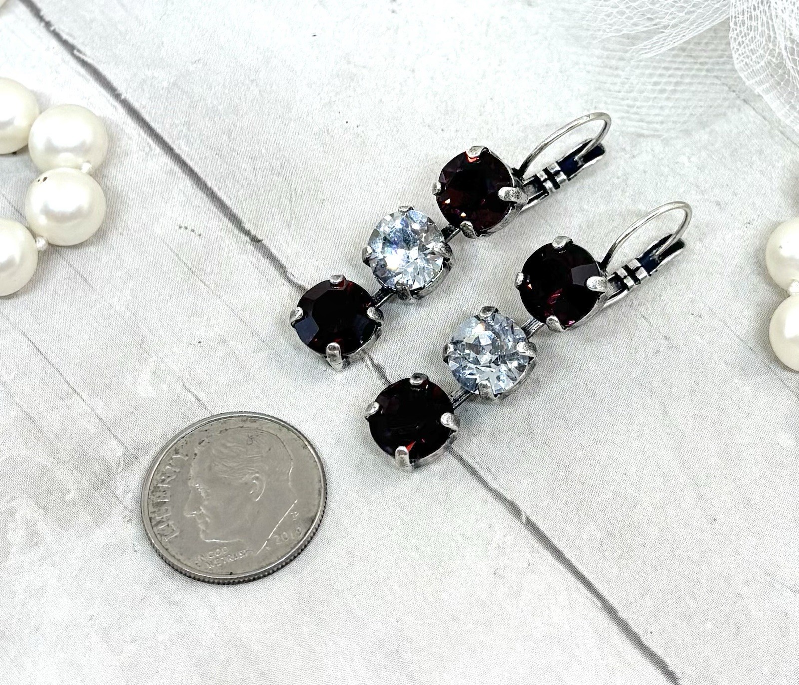 Antique Silver Plated Burgundy Triple Stone Earrings