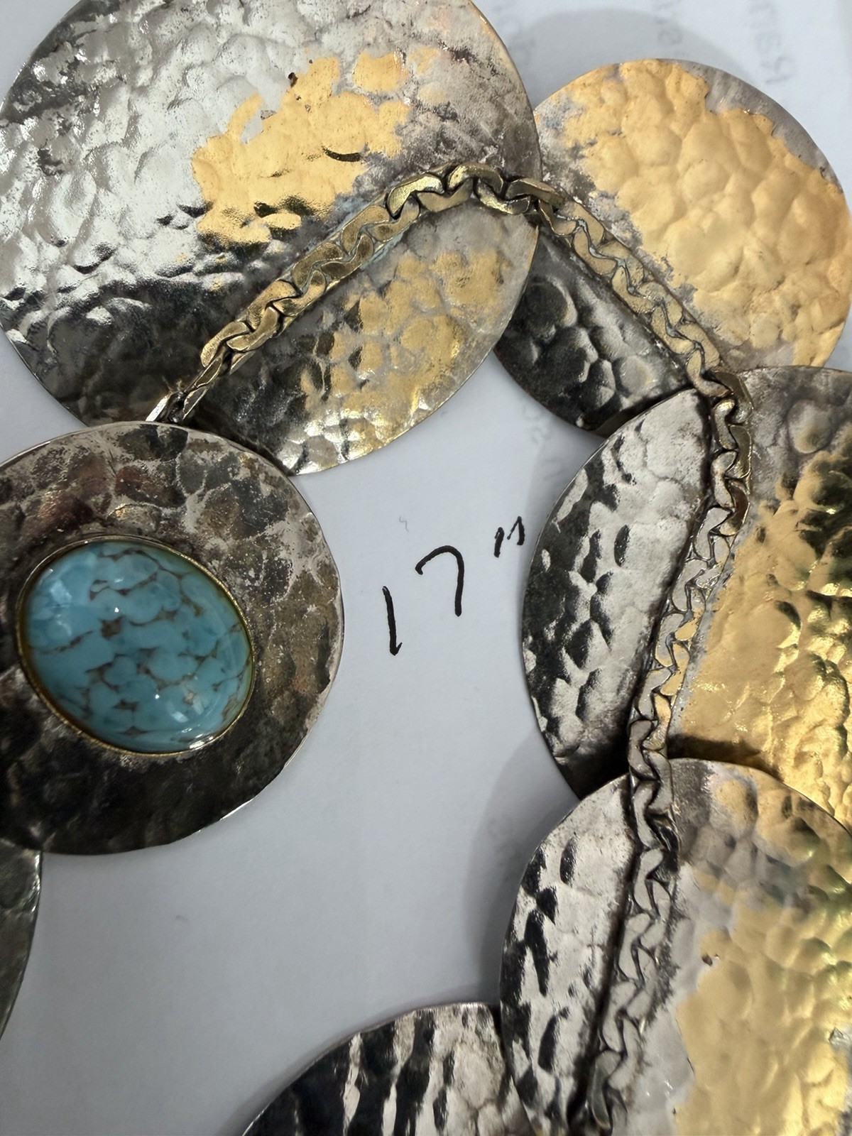 Hammered Brutalist Necklace Silver Tone Disc Statement Modernist Turquoise Glass