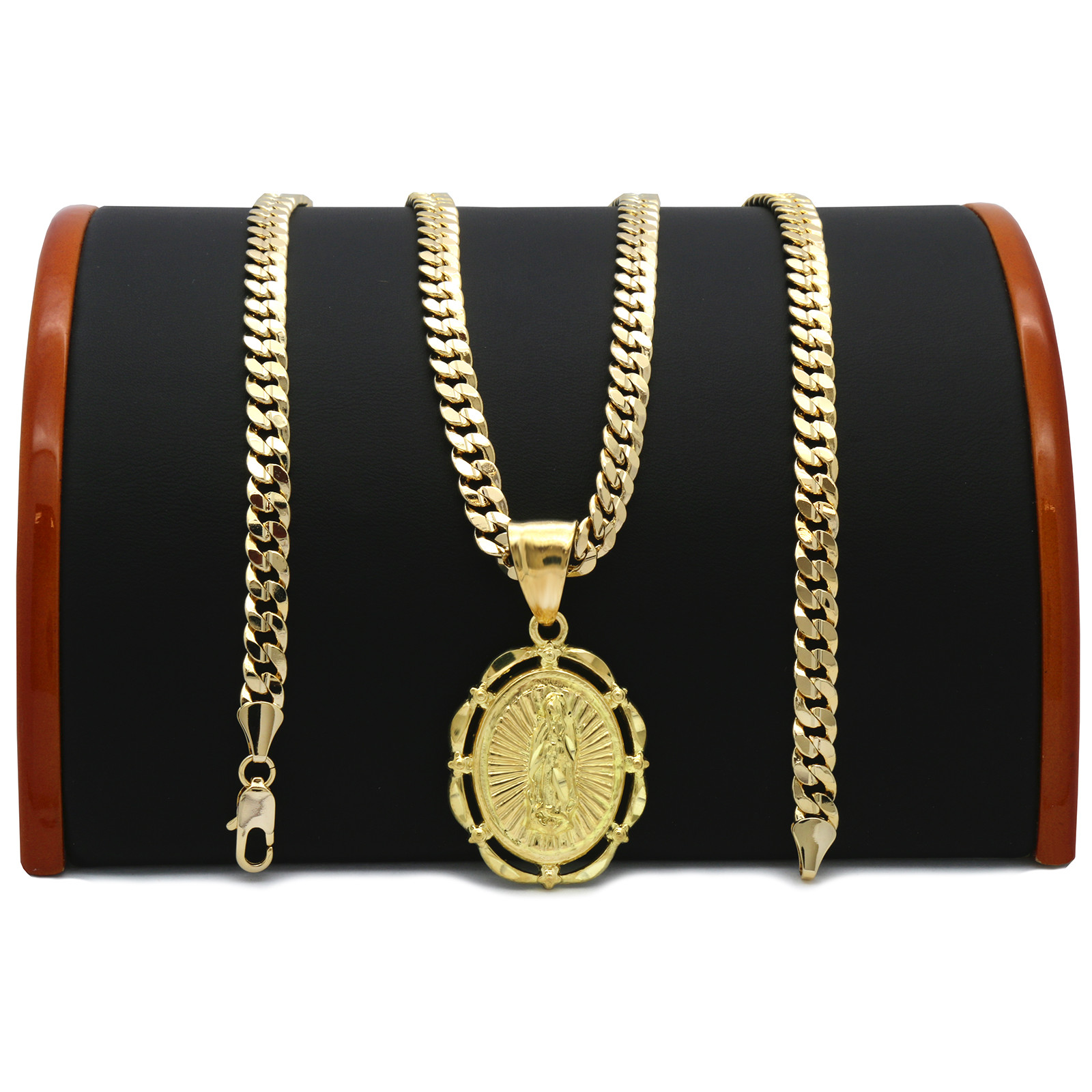 Mens 18k Gold Plated Oval Guadalupe Pendant 5mm 24″ Cuban Necklace Chain