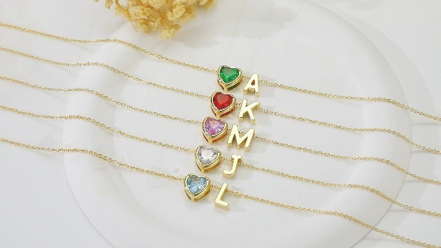 Heart Birthstone Initial Necklace – 14K Gold Plated A-Z Jewelry Gift for Women &