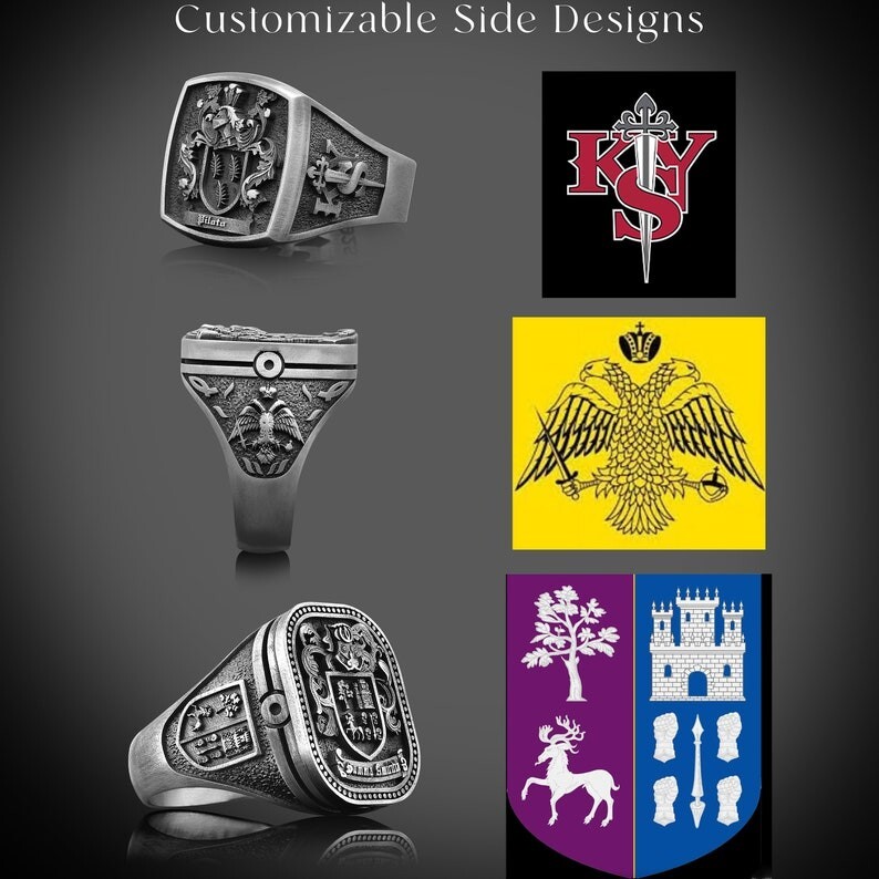 Customizable Sterling Silver Family Crest Signet Ring, Piloto Coat of Arms Ring