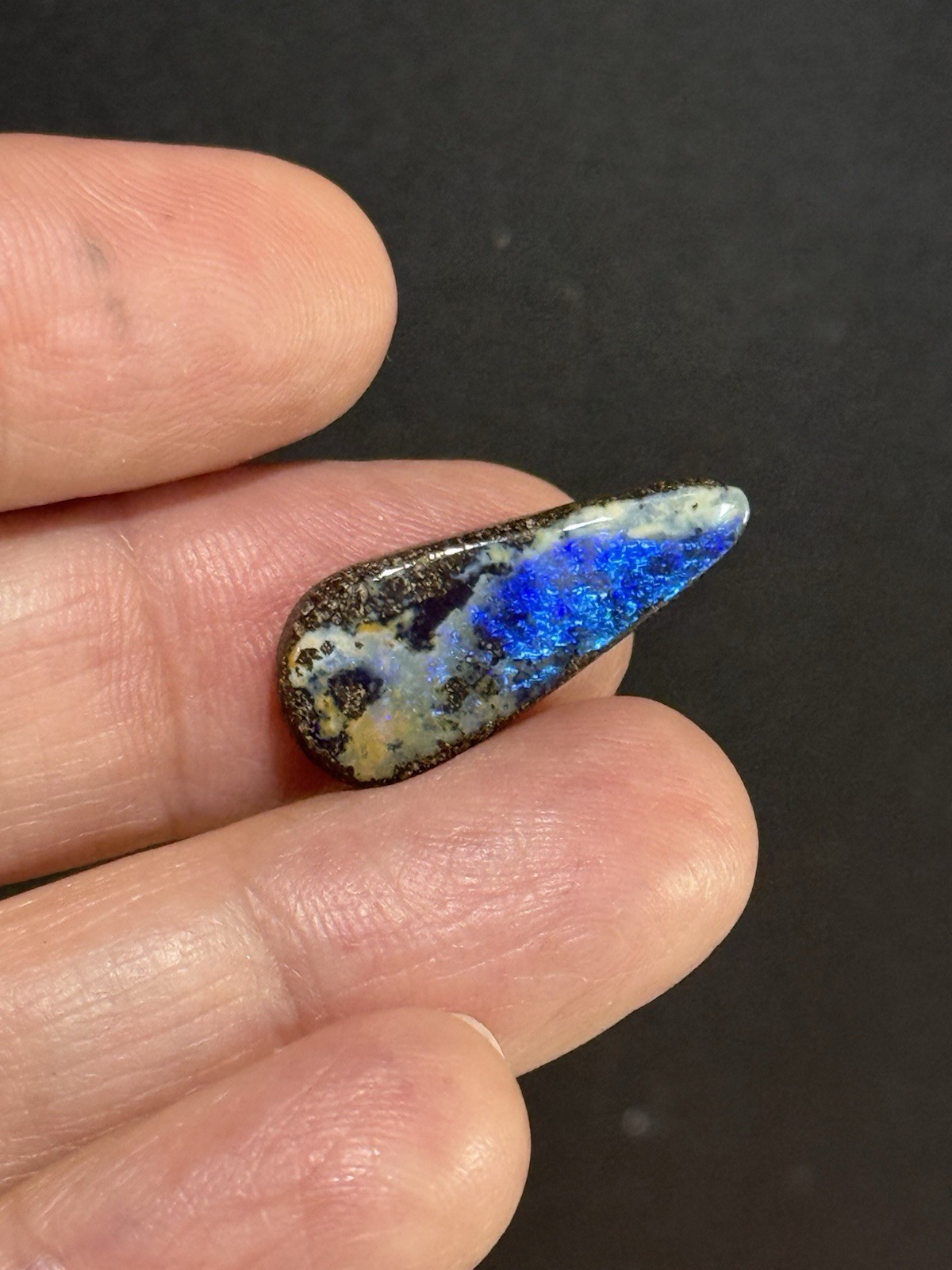 9.35ct 24x10x5mm Flashy Dark Blue Natural Boulder Australian Opal Drop Cabochon
