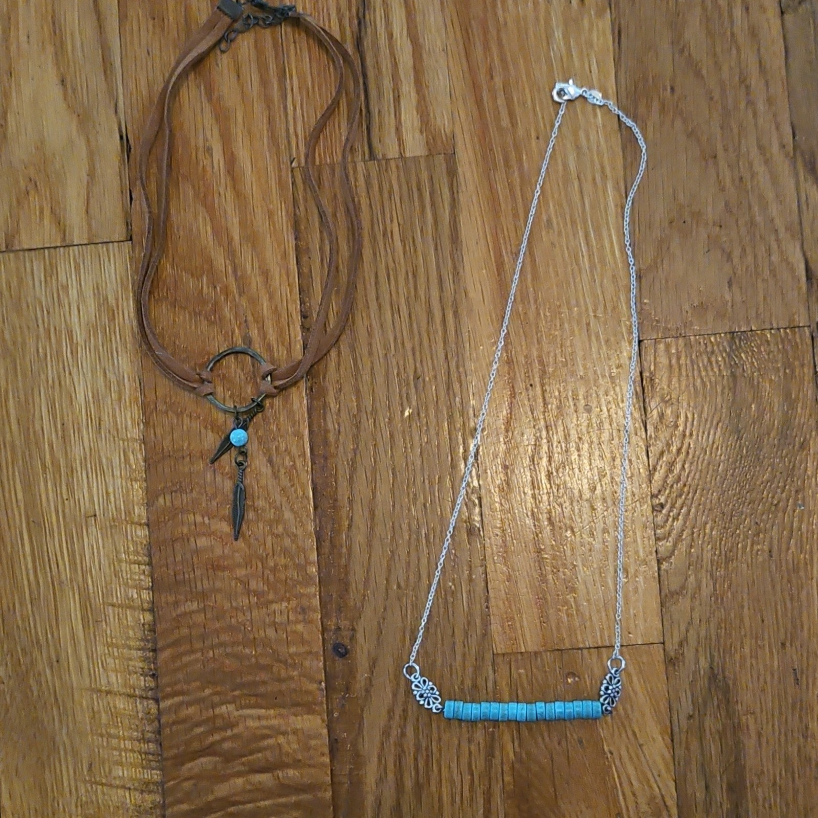 Lot of 2 Bohemian Pendant Necklaces Suede, Silver Bar Charms