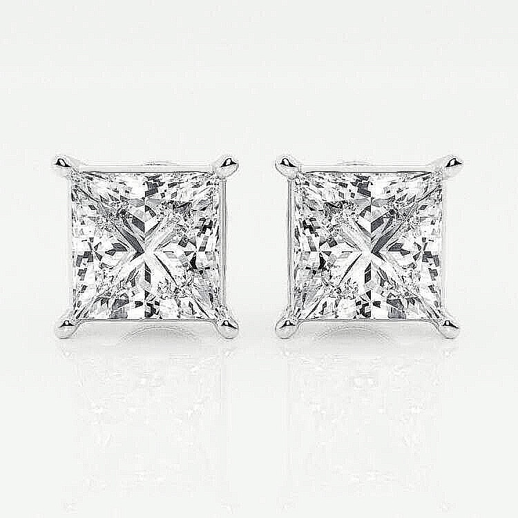 3 Ct Princess Cut VVS1/D GRA Real Moissanite Stud Earrings 14k White Gold 6.5mm