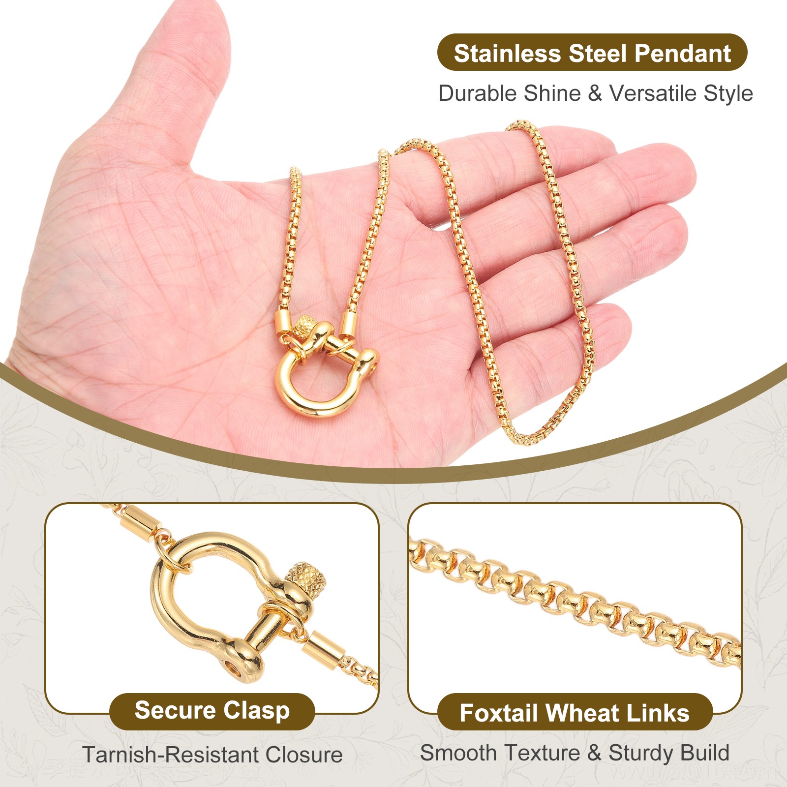 Gold Lock Necklace Screw Anchor Shackle with Gold Foxtail Chain 17.7″