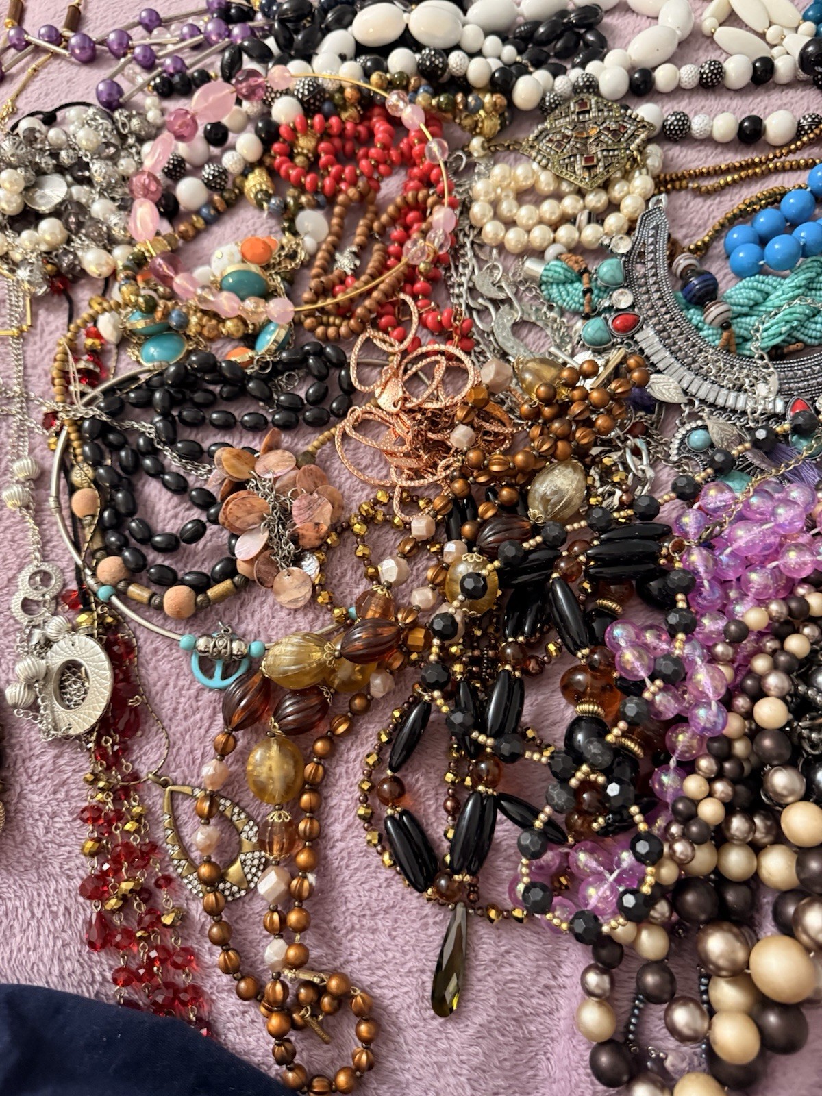 50 Plus Necklaces.All wearable.Stones, Glass, Resin, Plastic,Shell. Lot 1.
