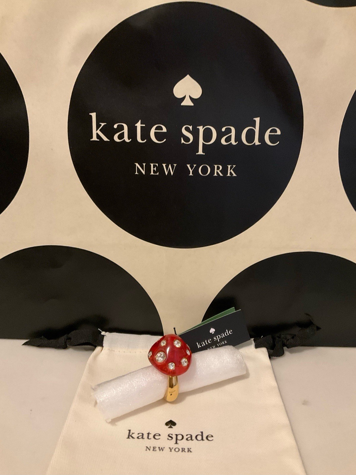NWT Kate Spade New York Forest Pop Mushroom 12k Gold Plated CZ Crystal Ring Sz 7