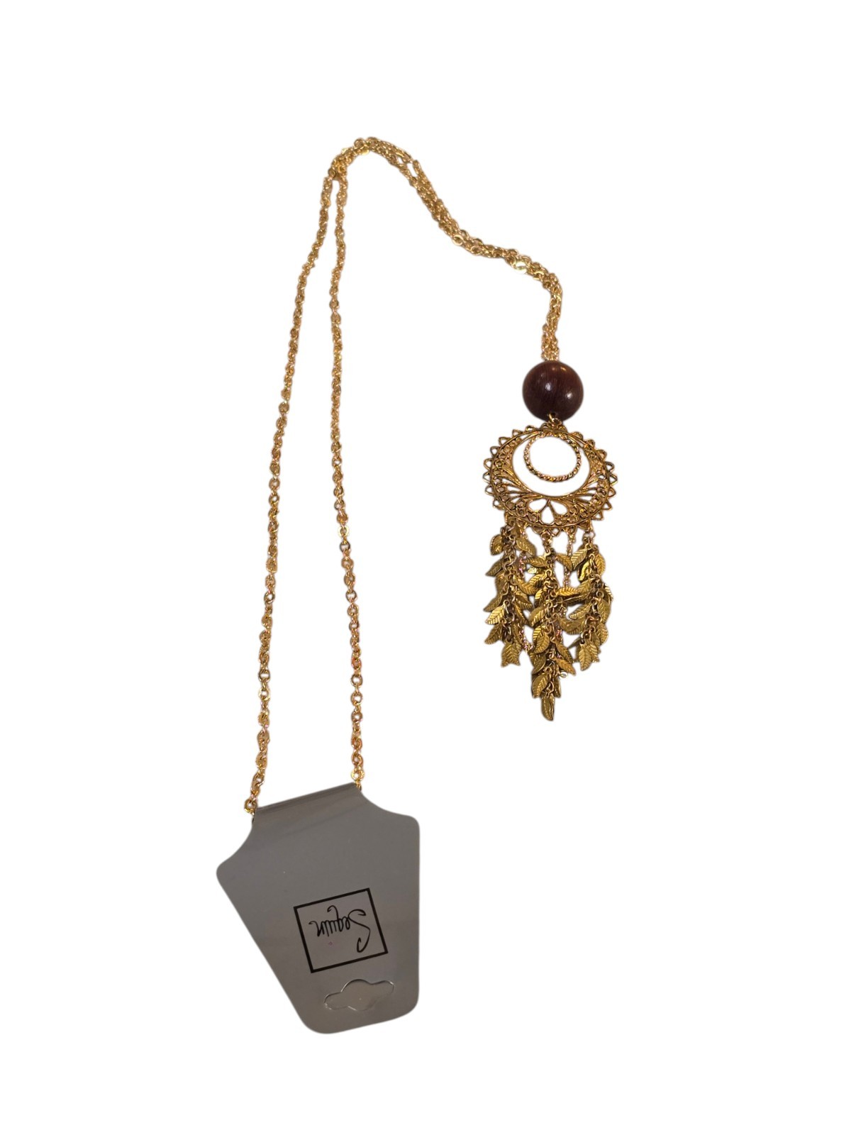 Sequin Women’s Trendy Gold Tone Brown Wood Long Pendant Necklace NWT