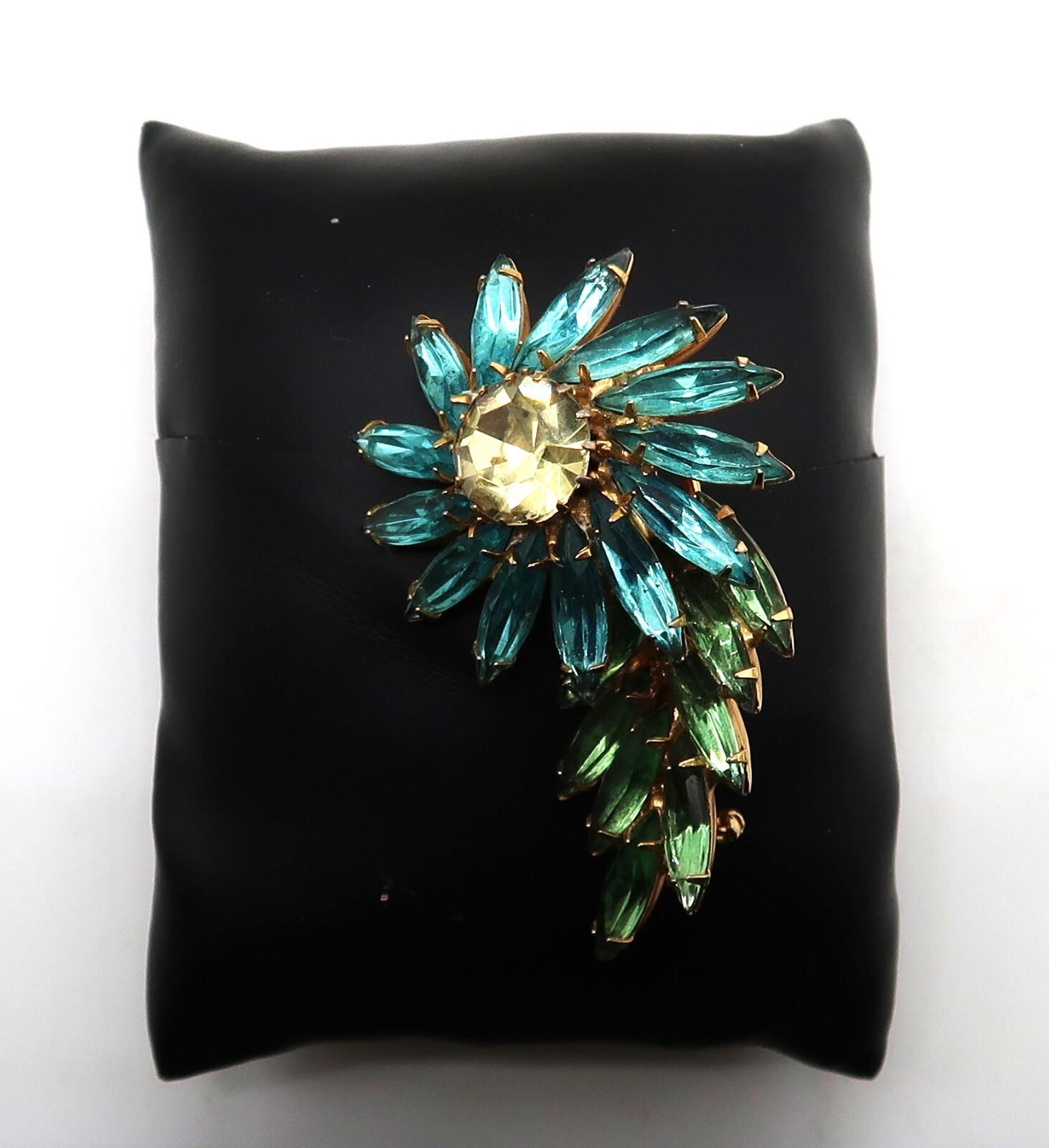 Vtg Blue Green Gold Tone Flower Rhinestone Brooch Prong Setting Fashion Jewelry