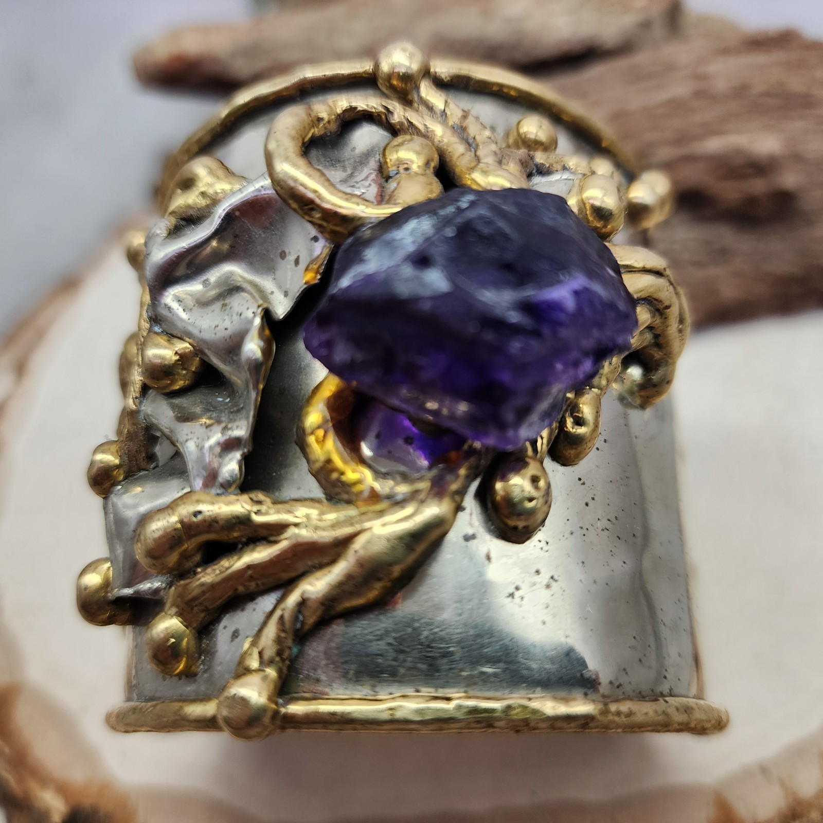 Copa Collection Brutalist Chunky Mixed Metal Raw Amethyst Sz6 3″ Wide Cuff 93g