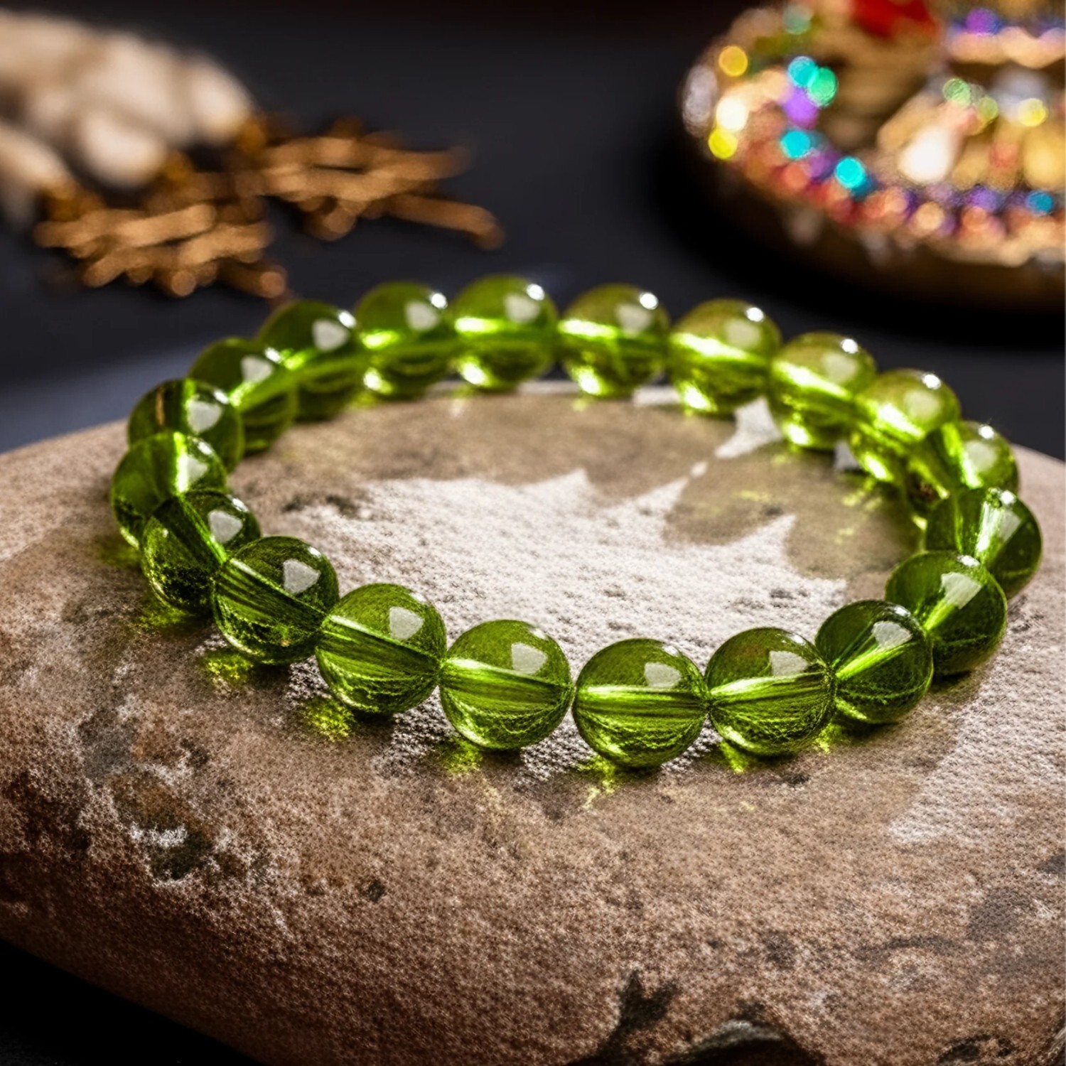 Genuine Peridot Stone Bracelet Green Crystal Beads Stretch Bracelet Handmade 1Pc