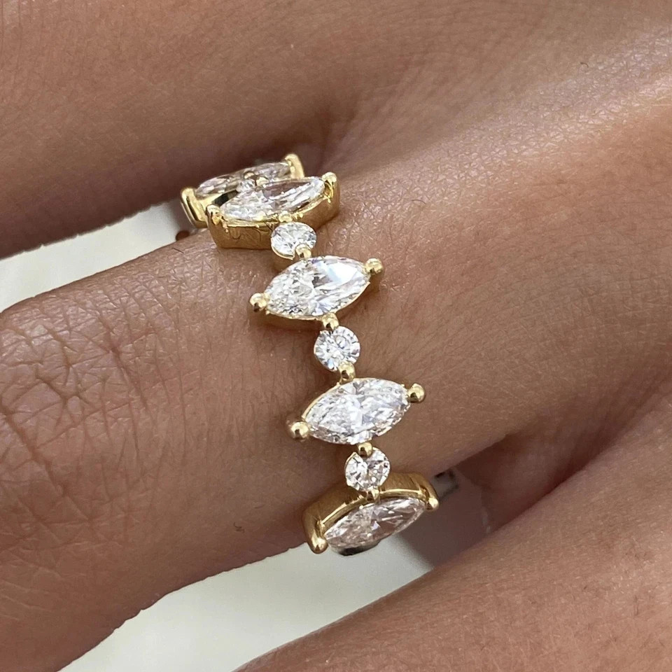 Round & Marquise Cut 0.75 Ct 14k Yellow Gold Diamond Band Lab Grown VVS E F CVD