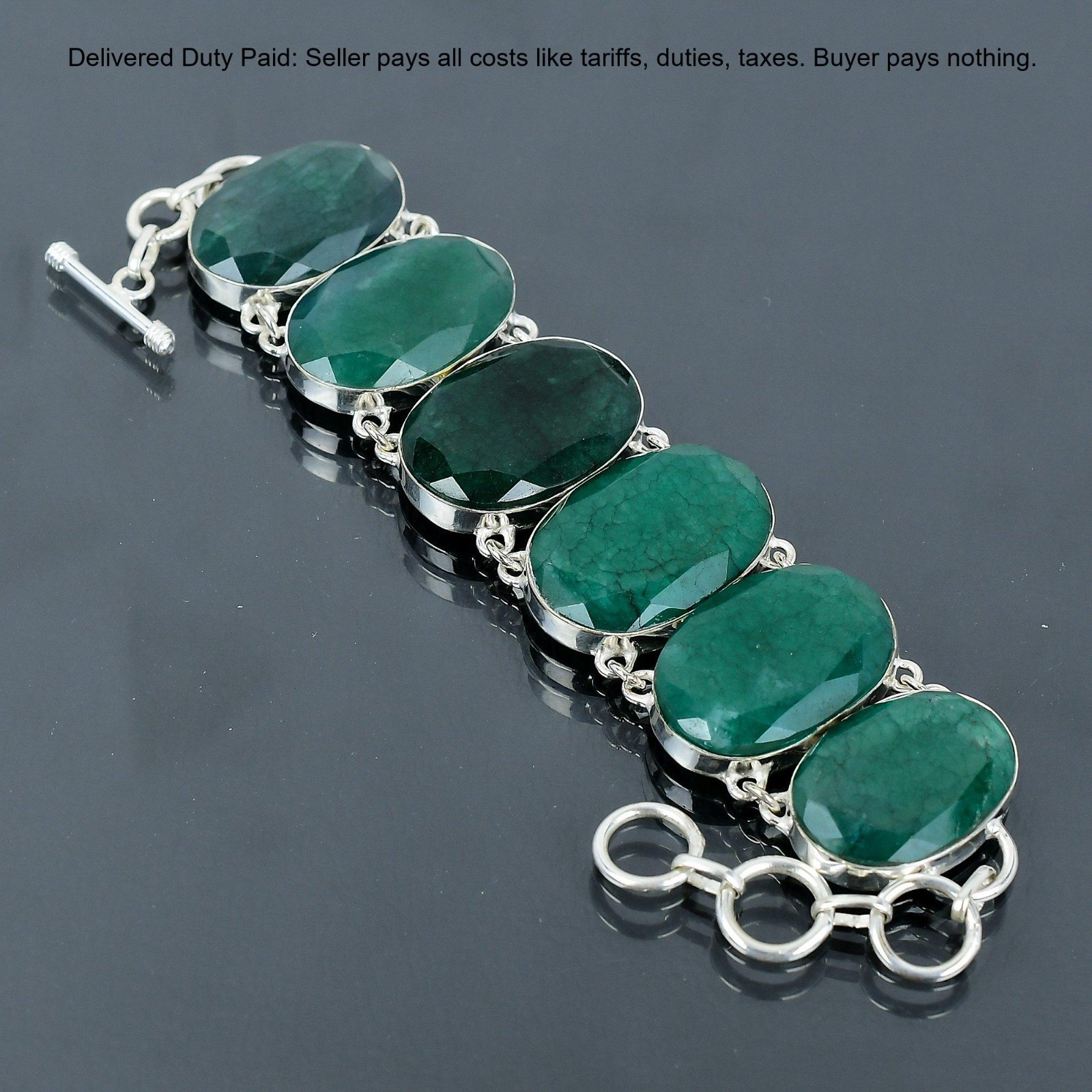 925 Sterling Silver Oval Zambian Emrald Gemstone Handcrafted Wife Chain Bracelet