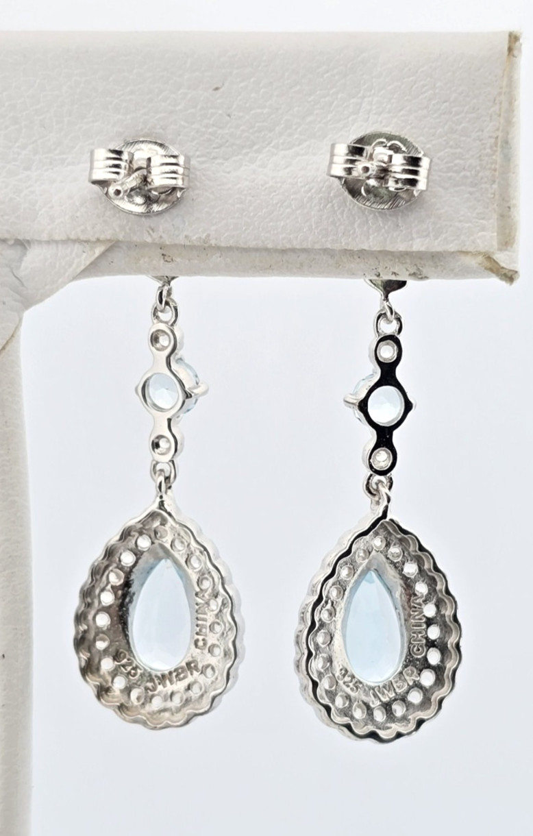 Sterling Silver 925 Blue Topaz White Sapphire Dangle Earrings Elegant Drop 1.25″