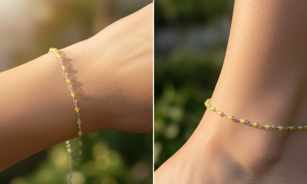 Chic Topaz Yellow Bead Boho Anklet | Silver Tone Brass Chain Designer Anklet