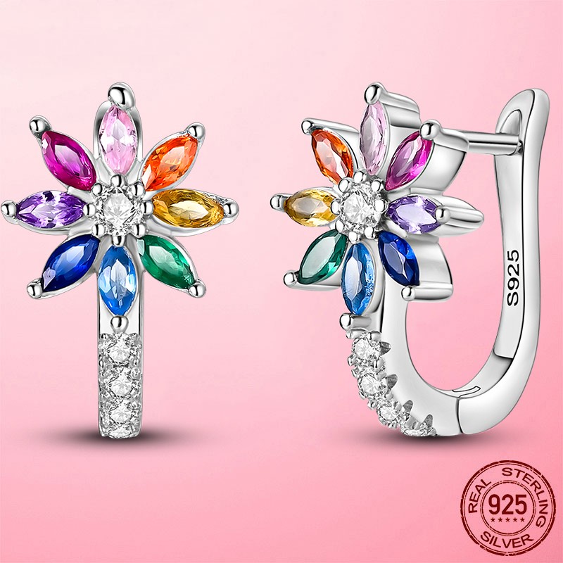 LAZA Original Women CZ Rainbow Flower 925 Sterling Silver Hoop Earrings Jewelry