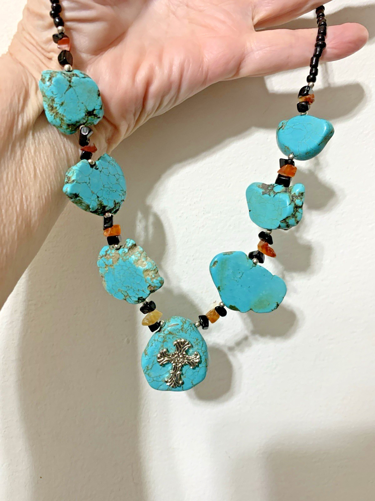 Southwestern Silver tone Chunky Turquoise Slabs, With Orange & Black Beads, 22”