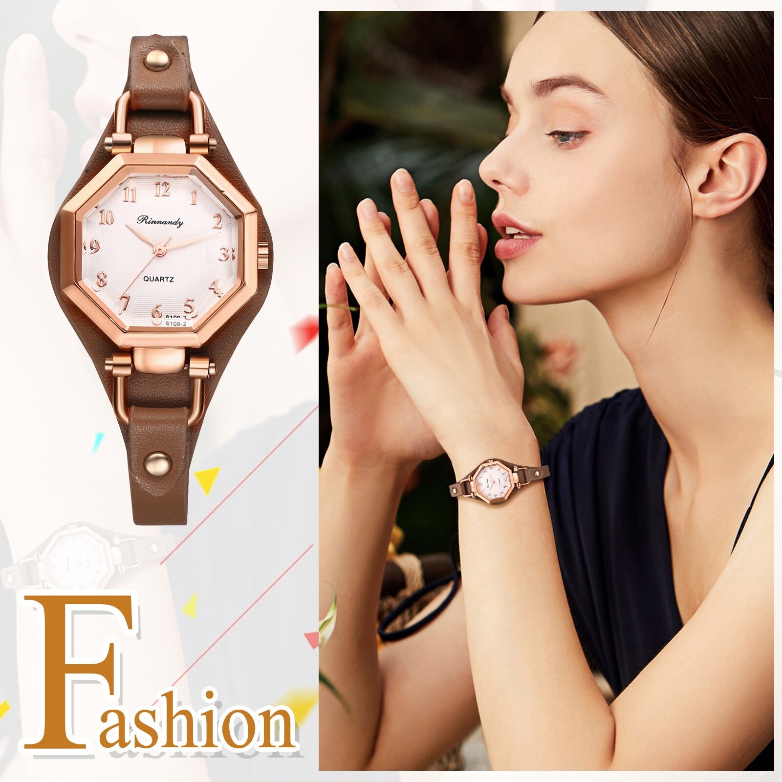 Women Retro Octagon Dial Design Quartz Slim Leather Band Ladies Dress WristWatch