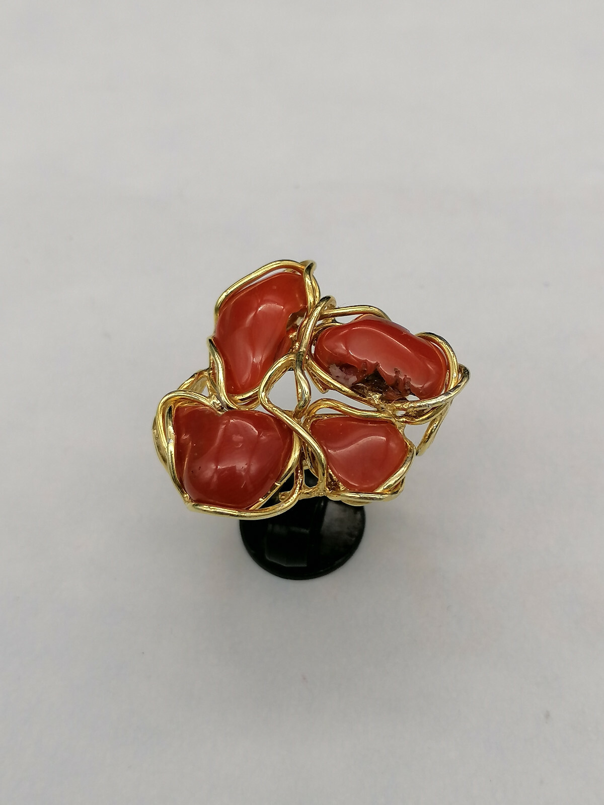 Genuine Sardinian Red Coral 925 Silver Gold Plated Adjustable Women Ring