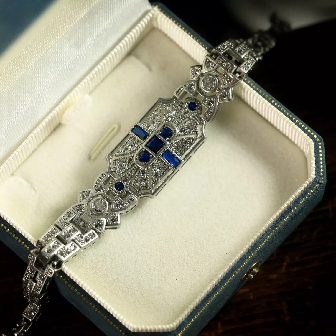 Art Deco Round Cut Moissanite & Sapphire Engagement 925 Sterling SIlver Bracelet