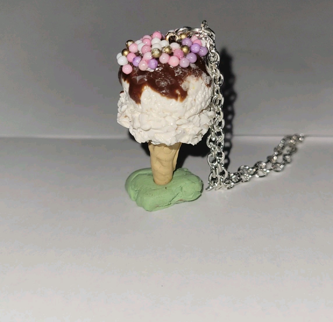 Ice Cream Cone Necklace Silver Vanilla Chocolate Syrup Sprinkles Summer Treat
