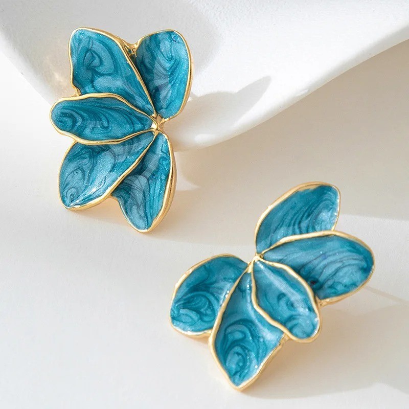 Metal Flower Red Enamel Drop Earrings for Women Trendy Yellow Blue